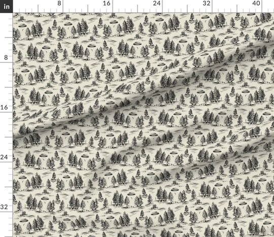 Alien Toile Ufo Beige Black Small Scale Hidden Traditional Style Flying Saucers Custom Printed Fabric by Spoonflower Various Fabrics by the Yard or Fat Quarter